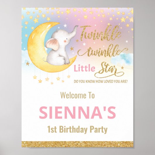 Twinkle Little Star Elephant Birthday Welcome Sign Poster (Voorkant)