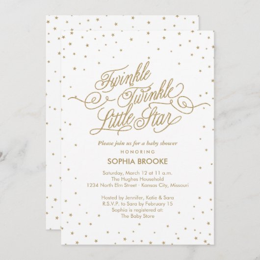 Twinkle Little Star Fancy Gold & White Baby shower Kaart (Voorkant / Achterkant)