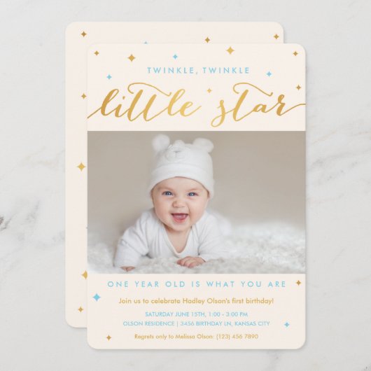 Twinkle Little Star First Birthday Invitation Boy (Devant / Derrière)