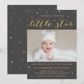Twinkle Little Star First Birthday Invitation Girl Kaart (Voorkant / Achterkant)