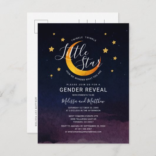 Twinkle Little Star Gender onthult Navy Paars Uitnodiging Briefkaart (Voorkant / Achterkant)