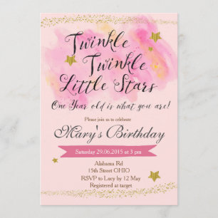 Twinkle Little Star Girl Birthday Invitation Kaart