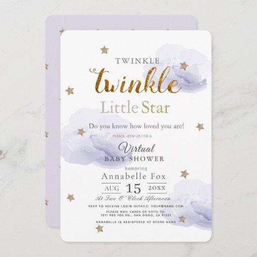 Twinkle Little Star Lavender Virtual Baby shower Kaart (Voorkant / Achterkant)