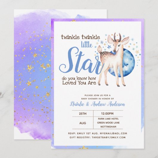 Twinkle Little Star Little Deer Blue Gold Modern Kaart (Voorkant / Achterkant)