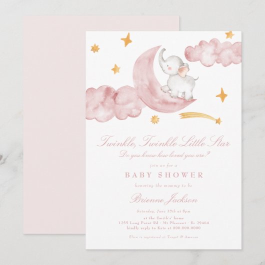 Twinkle Little Star Moon Pink Girl Baby shower Kaart (Voorkant / Achterkant)