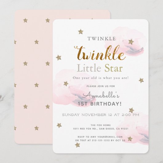 Twinkle Little Star Pink 1st Birthday Uitnodiging (Voorkant / Achterkant)