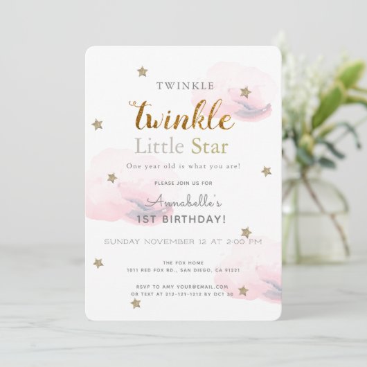 Twinkle Little Star Pink 1st Birthday Uitnodiging (Staand voorkant)