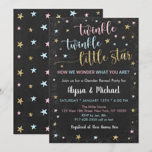 Twinkle Little Star Pink Blue Gold Genderonthullin Kaart (Voorkant / Achterkant)