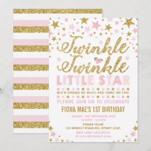 Twinkle Little Star Pink & Gold Birthday Invite Kaart