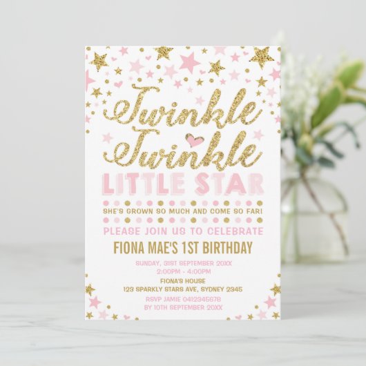 Twinkle Little Star Pink & Gold Verjaardag Uitnodi Kaart (Staand voorkant)