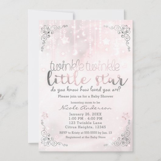 Twinkle Little Star Pink & Silver Baby shower Kaart (Voorkant)