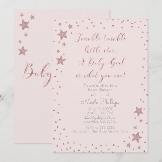 Twinkle Little Star Roos Gold Girl Baby shower Kaart (Voorkant / Achterkant)