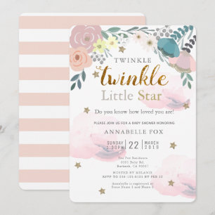 Twinkle Little Star Roze Bloemen Baby shower Kaart