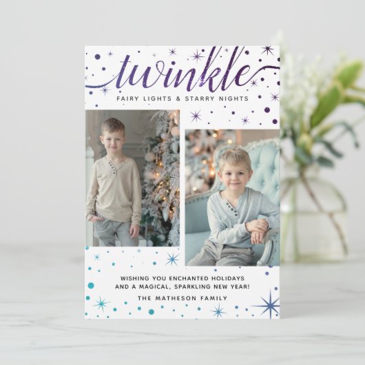 TWINKLE Sneeuwpatroon | Paars en Blauwgroen Feestdagenkaart (Staand voorkant)