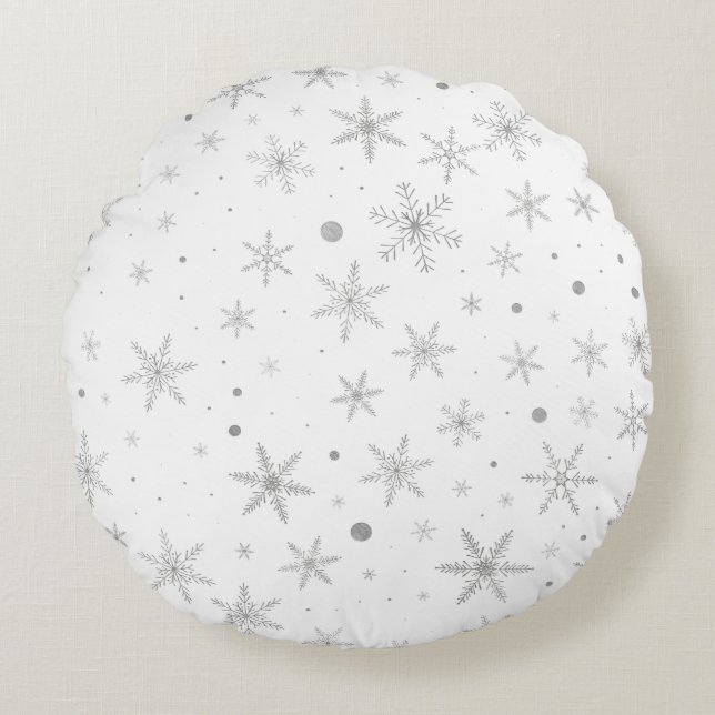 Twinkle Snowflake -Silver Grey & White- Rond Kussen (Voorkant)