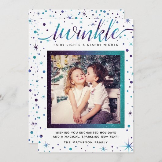 Twinkle Snowflakes | Purple & Teal Feestdagenkaart (Voorkant / Achterkant)
