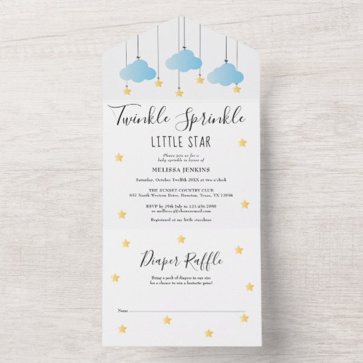 Twinkle Sprinkle Blauwe Jongen Baby Shower All In One Uitnodiging (Binnen)
