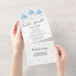 Twinkle Sprinkle Blue Clouds Gold Star Baby shower All In One Uitnodiging