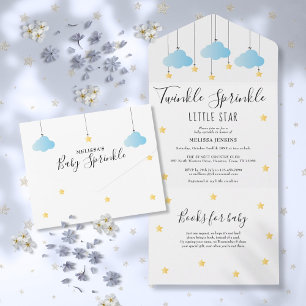 Twinkle Sprinkle Blue Clouds Gold Star Baby shower All In One Uitnodiging