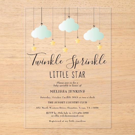 Twinkle Sprinkle Little Star Neutrale Baby Shower Acryl Uitnodigingen (Voorkant)