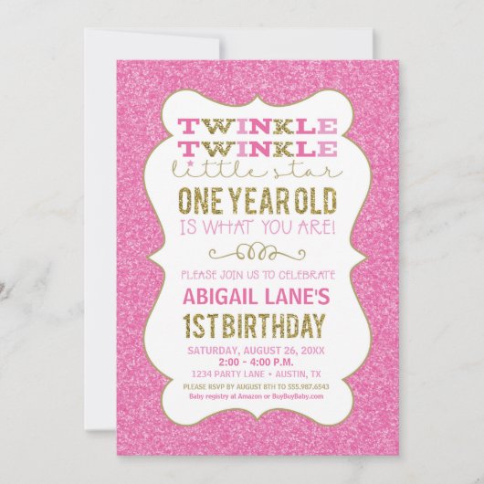 Twinkle Star Premier anniversaire Invitation Pink (Devant)