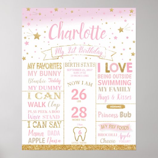 Twinkle Stars First Birthday Milestone Birth Stats Poster (Voorkant)