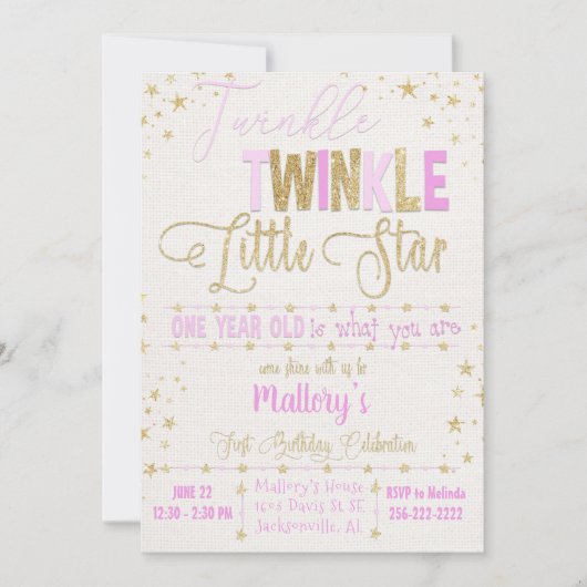Twinkle Twinkle Little Star 1st B day Uitnodiging (Voorkant)