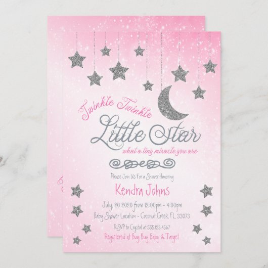 Twinkle Twinkle, Roze Baby shower uitnodiging (Voorkant / Achterkant)