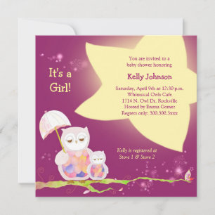Twinkling Stars Owl Baby Girl Baby shower Kaart