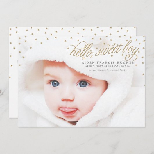 Twinkly Gold Stars Baby Boy Faire-part de naissanc (Devant / Derrière)