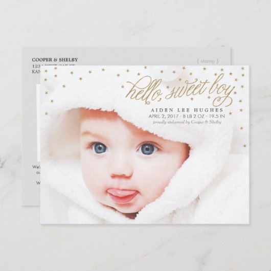 Twinkly Gold Stars Baby Boy Faire-part de naissanc (Devant / Derrière)