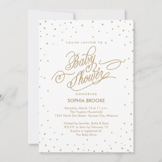 Twinkly Gold Stars Fancy Baby shower Invitation (Devant)