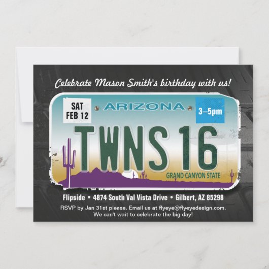 Twins 16th Birthday Arizona Licence Invitation (Devant)