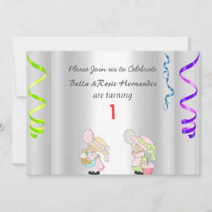 Twins 1st Birthday Announement Party Silver Kaart