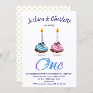 Twins 1st Birthday Boy and Girl Cupcakes Party Kaart