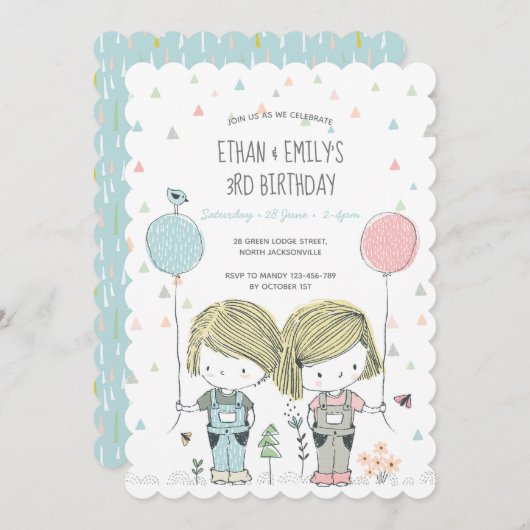 Twins Anniversaire de enfant Invitation whimsical (Devant / Derrière)