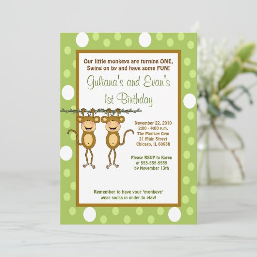TWINS Baby aap 5x7 1e verjaardag uitnodiging (Staand voorkant)