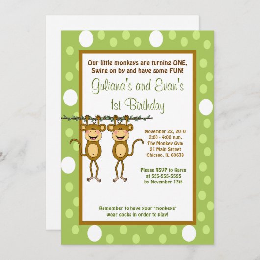 TWINS Baby aap 5x7 1e verjaardag uitnodiging (Voorkant / Achterkant)