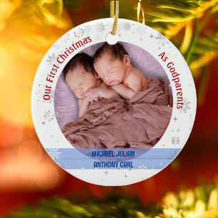 Twins Baby Boys 1e Kerstmis als peetouders 2 foto' Keramisch Ornament