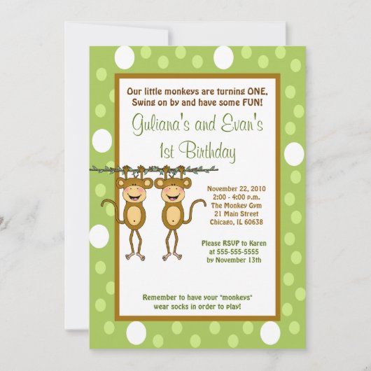 TWINS Baby Monkey 5x7 1er anniversaire Invitation (Devant)