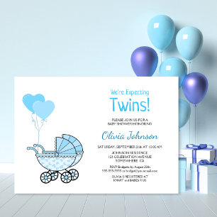 Twins Baby shower Blue Balloons en Stroller Kaart