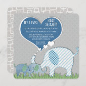 Twins Baby shower Hart Olifanten Grijs Blauw Groen Kaart (Voorkant / Achterkant)