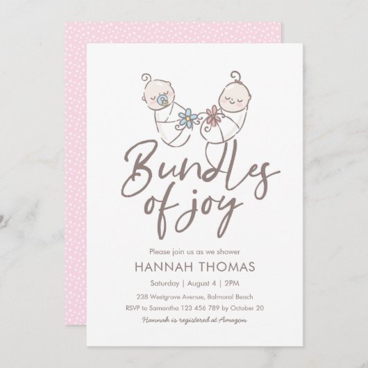 Twins Baby shower Invitation garçon et fille (Devant / Derrière)