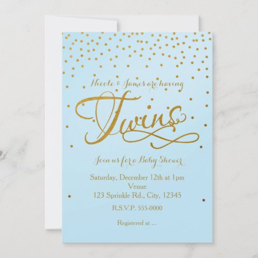 TWINS Baby shower Lichtblauw & Gouden Dot Uitnodig Kaart (Voorkant)