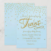 TWINS Baby shower Lichtblauw & Gouden Dot Uitnodig Kaart (Voorkant / Achterkant)