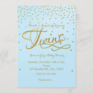 TWINS Baby shower Light Blue & Gold Dot Invitation Kaart
