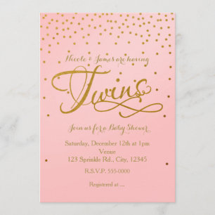 TWINS Baby Shower Meisje Roze & Gouden Stip Uitnod Kaart