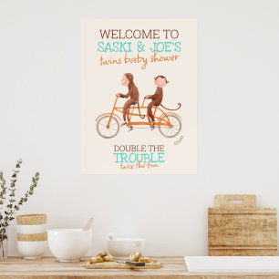 Twins Baby shower Monkey Double Trouble Welkom Poster