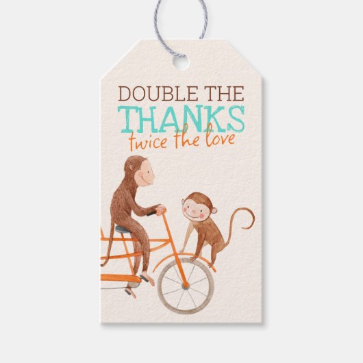 Twins Baby shower Schattige Monkey Double Trouble Cadeaulabel (Voorkant)