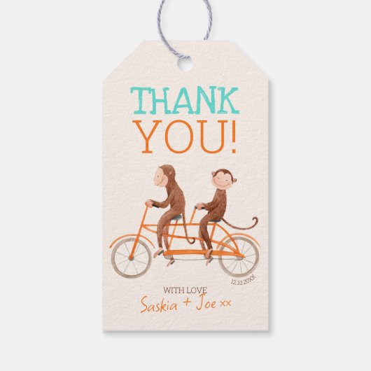Twins Baby shower Schattige Monkey Double Trouble Cadeaulabel (Achterkant)